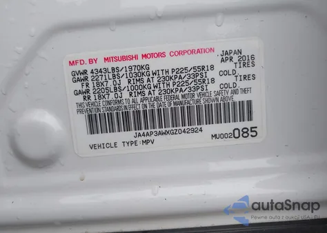 2016 Mitsubishi Outlander Sport 2.4 Es/2.4 Se from USA, damaged, VIN JA4AP3AWXGZ042924